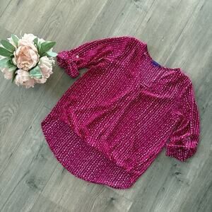 💐Spring Sale💐 New West Kei Magenta Speckled Roll Tab Long Sleeve Blouse